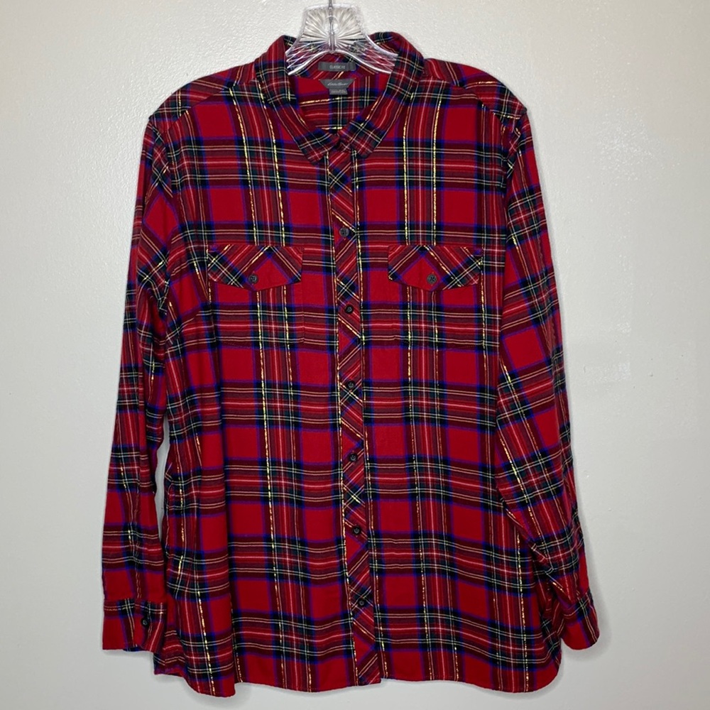 EDDIE BAUER Button Down Shirt Red Gold Plaid Flannel Cabincore Cozy 2XL